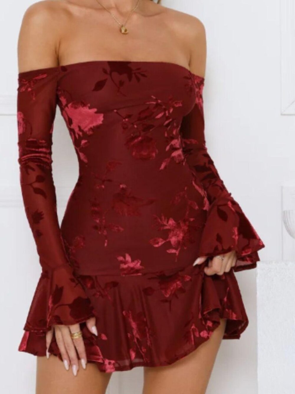 Hello Molly Electric envy off shoulder mini dress wine